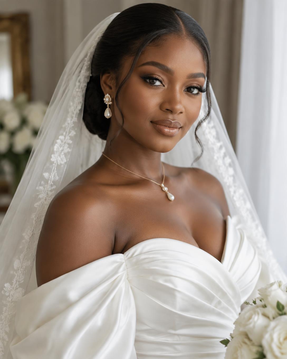 Radiant bridal makeup with soft champagne eyes and a silk wedding dress