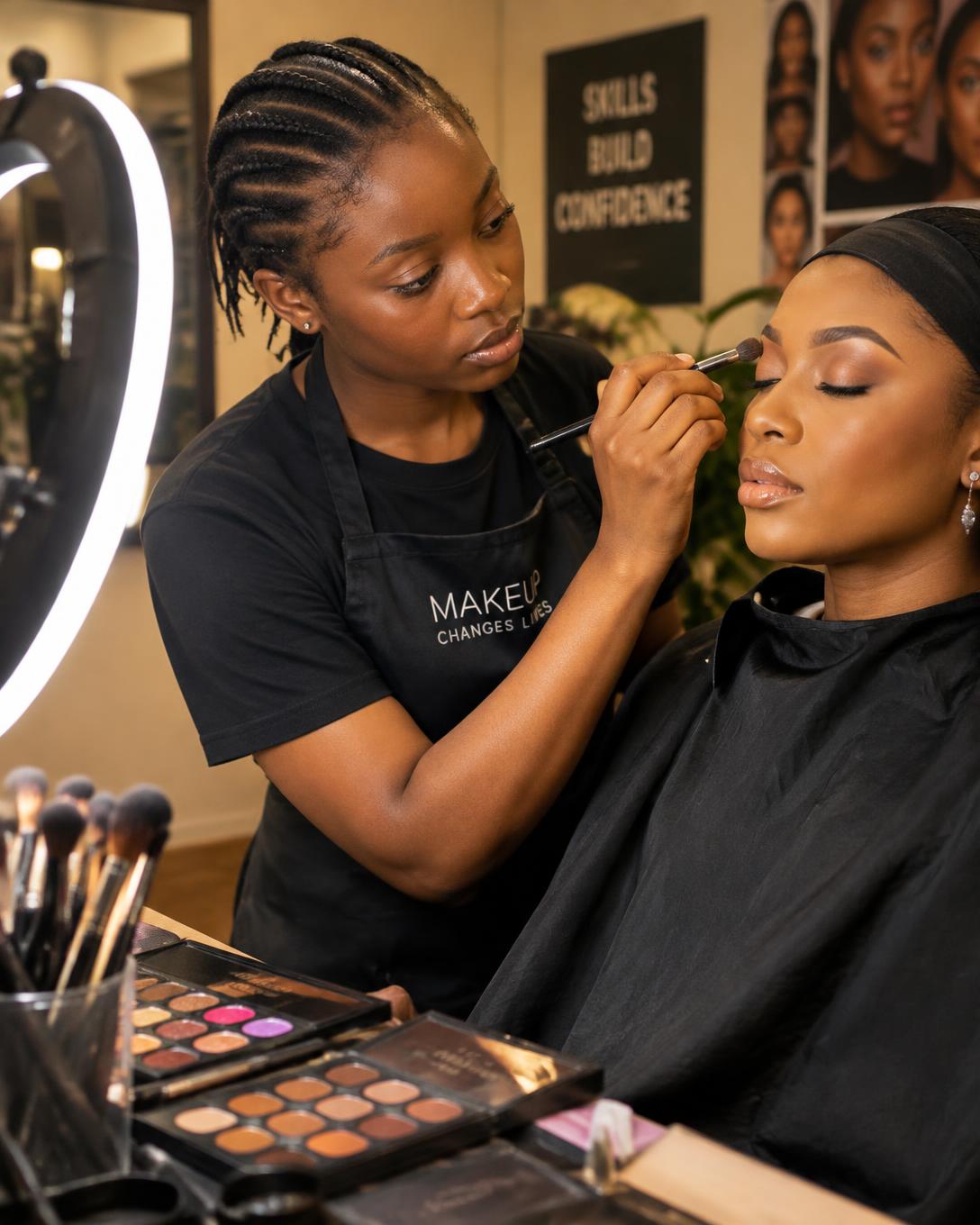 Student blending eyeshadow during class
