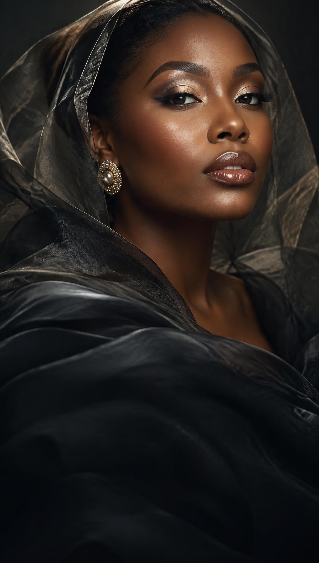 Elegant Nigerian beauty portrait with luminous makeup and a sheer organza veil