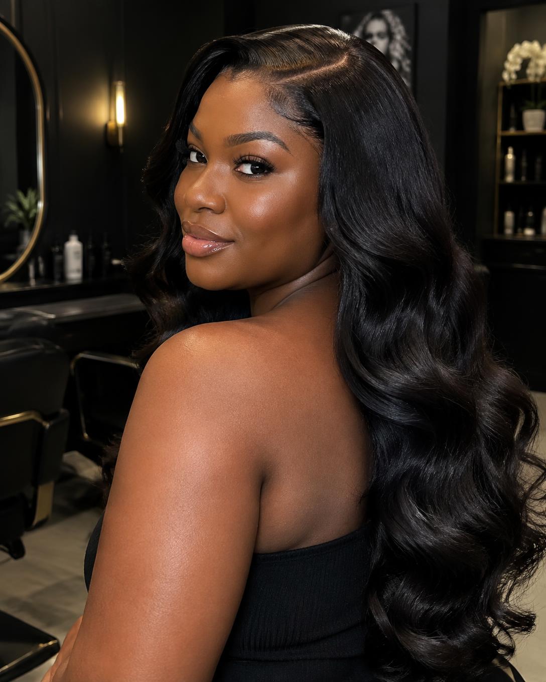 Glossy body-wave salon style