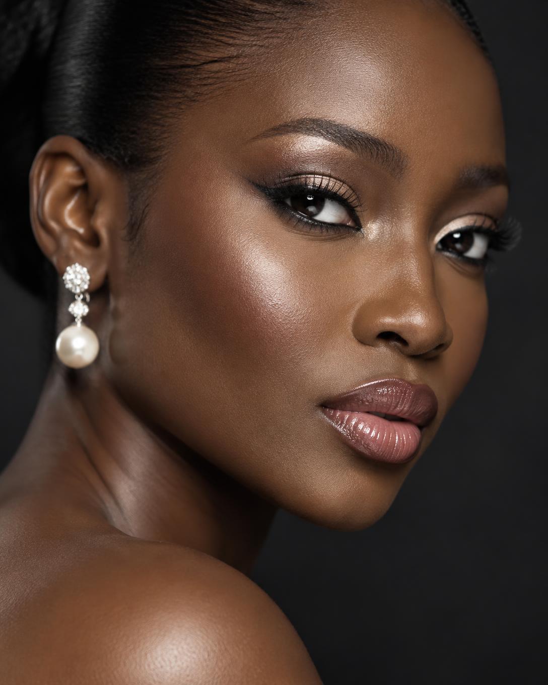 Close-up beauty portrait showing sculpted cheeks and precise eye makeup